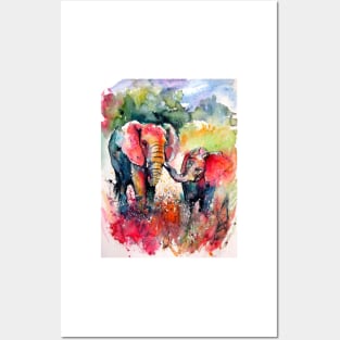 Colorful elephant with baby on the field Posters and Art